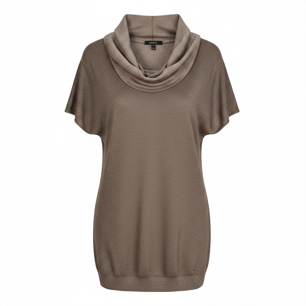 Escada Metallic Knit Top M Pewter Cowl Neck Detachable Wool Blend Luxury Italy